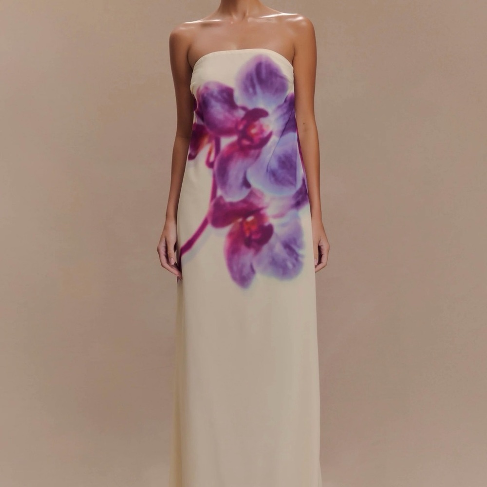 Meshki Cream Strapless Maxi Dress with Purple Floral Detail